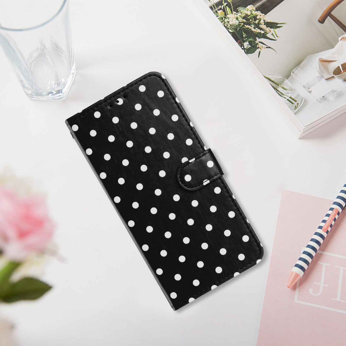 For iPhone 14 Plus Leather Case Polka Dot Pattern Wallet Stand Folio Phone Cover