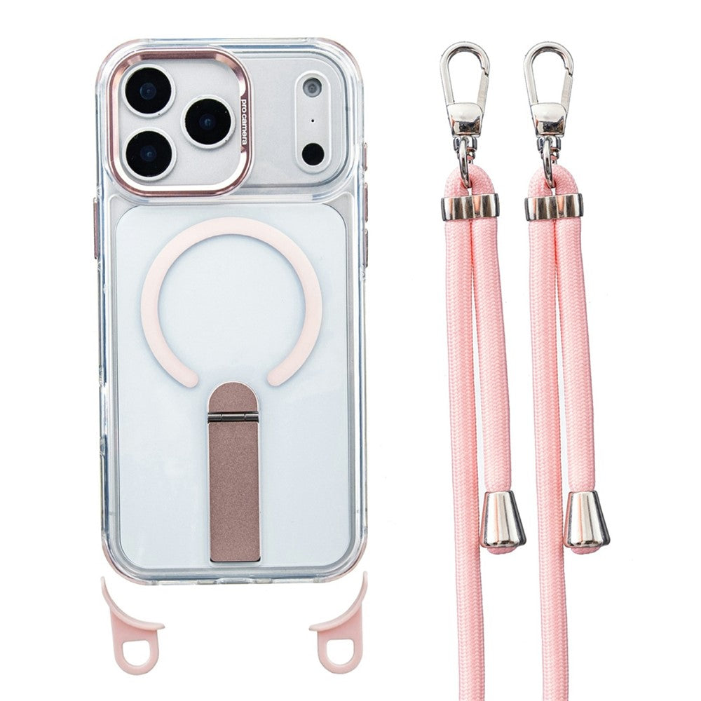 For iPhone 17 Pro Max Magnetic Phone Case Acrylic PC Back Cover with Adjustable Strap Kickstand Compatible with MagSafe