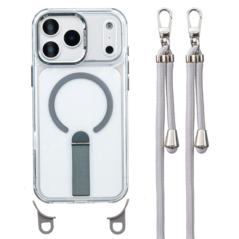 For iPhone 17 Pro Max Magnetic Phone Case Acrylic PC Back Cover with Adjustable Strap Kickstand Compatible with MagSafe