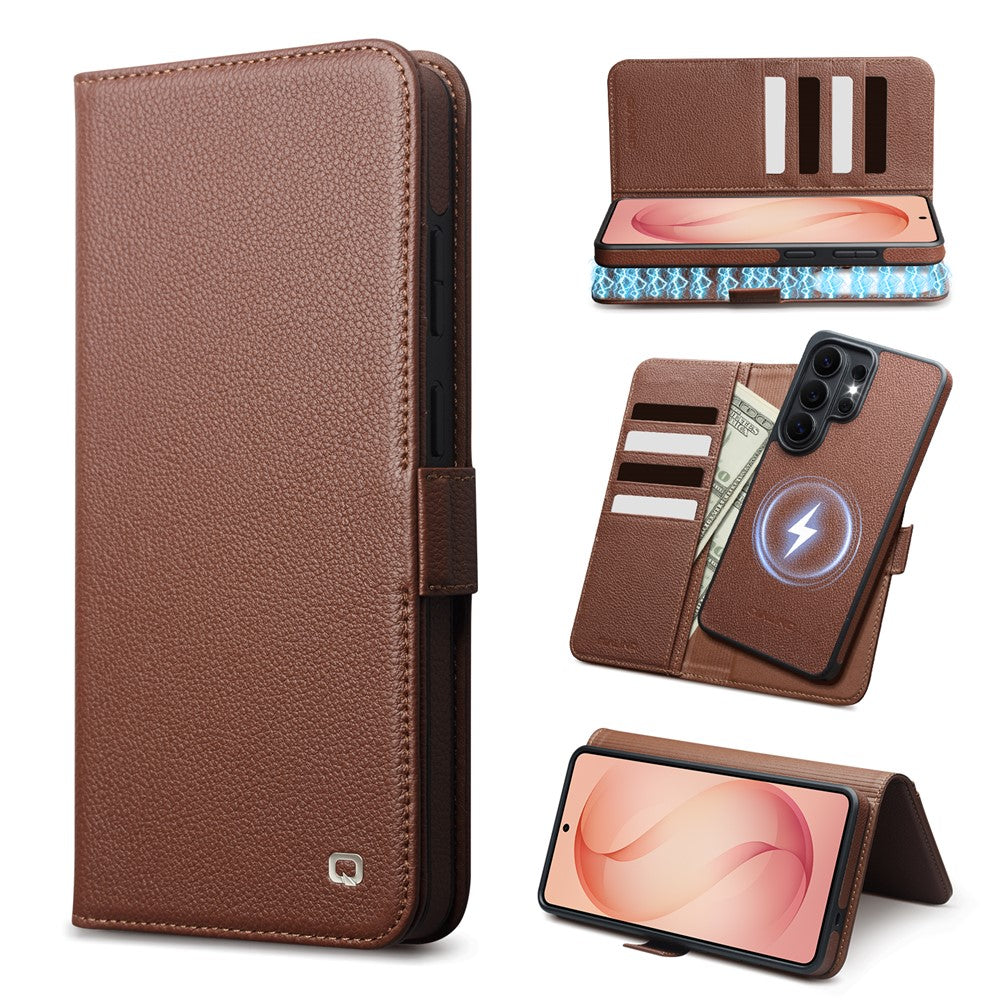 QIALINO For Samsung Galaxy S26 Ultra Magnetic Wallet Case Genuine Leather Detachable Flip Phone Cover