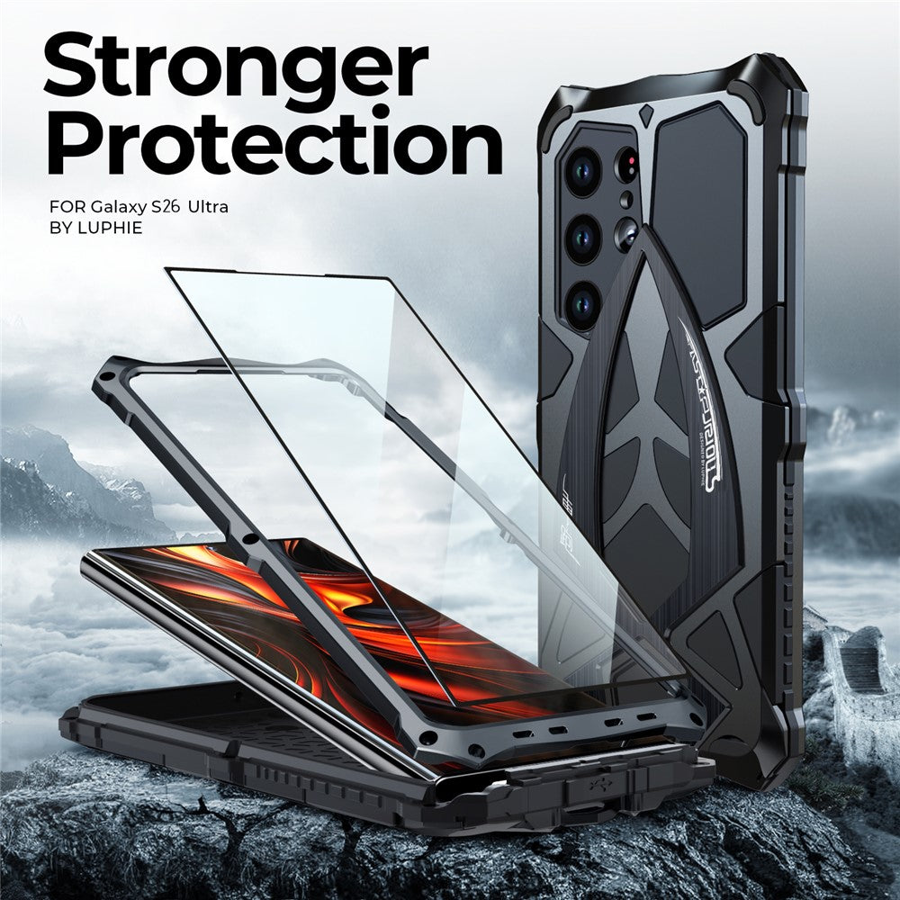 LUPHIE For Samsung Galaxy S26 Ultra Case Sports Car Design Shockproof Metal + TPU Phone Cover with Screen Protector