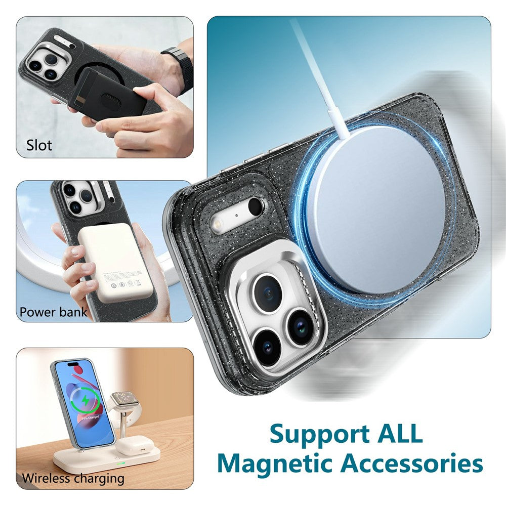 For Samsung Galaxy S26 Ultra Magnetic Case Shockproof TPU PC Glitter Phone Cover with Lens Frame Kickstand