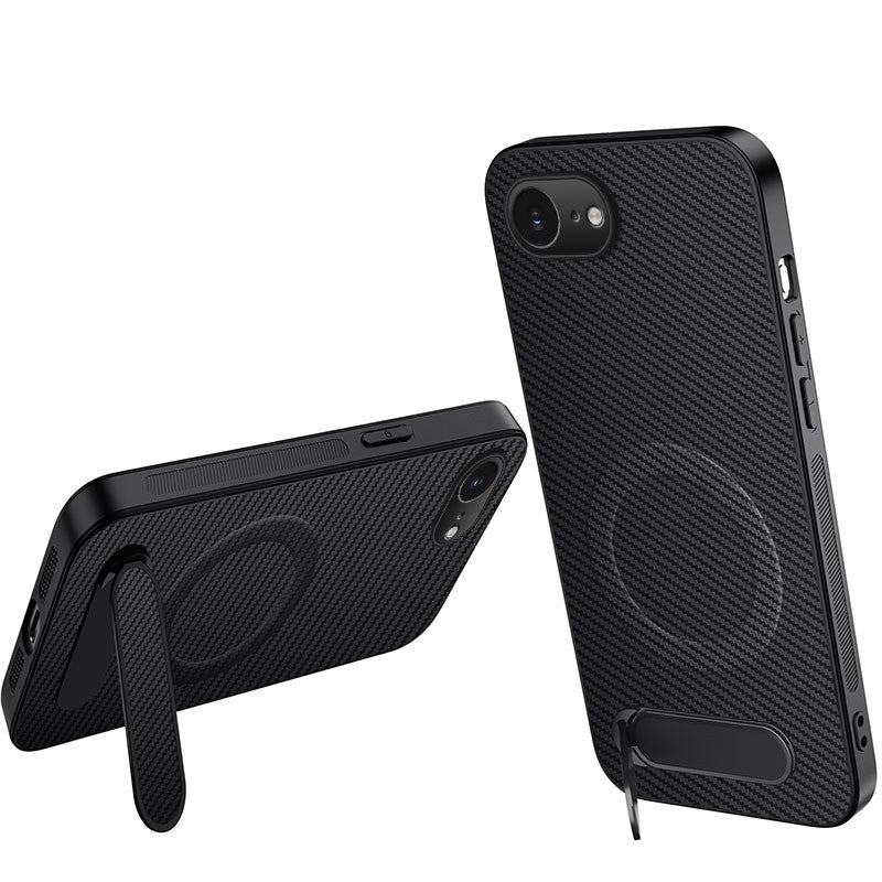 WANLONFENG For iPhone 17e / 16e Magnetic Case  QT Series Kickstand Carbon Fiber Texture PC TPU Phone Cover