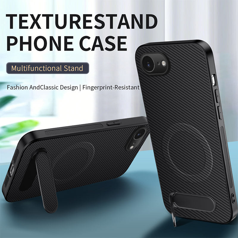 WANLONFENG For iPhone 17e / 16e Magnetic Case  QT Series Kickstand Carbon Fiber Texture PC TPU Phone Cover
