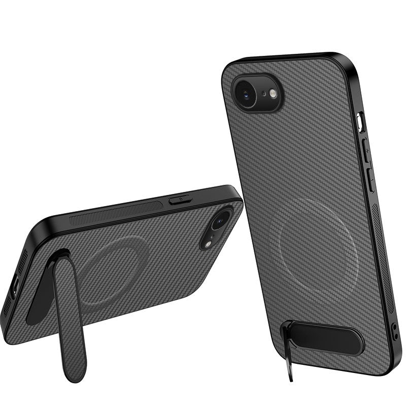 WANLONFENG For iPhone 17e / 16e Magnetic Case  QT Series Kickstand Carbon Fiber Texture PC TPU Phone Cover