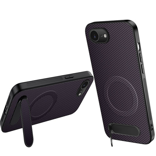 WANLONFENG For iPhone 17e / 16e Magnetic Case  QT Series Kickstand Carbon Fiber Texture PC TPU Phone Cover