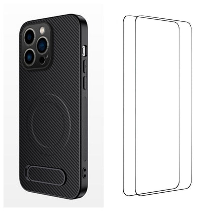 WANLONFENG For iPhone 16 Pro Magnetic Case with 2Pcs Tempered Glass Films  QT1 Series Kickstand Carbon Fiber Texture PC TPU Phone Cover