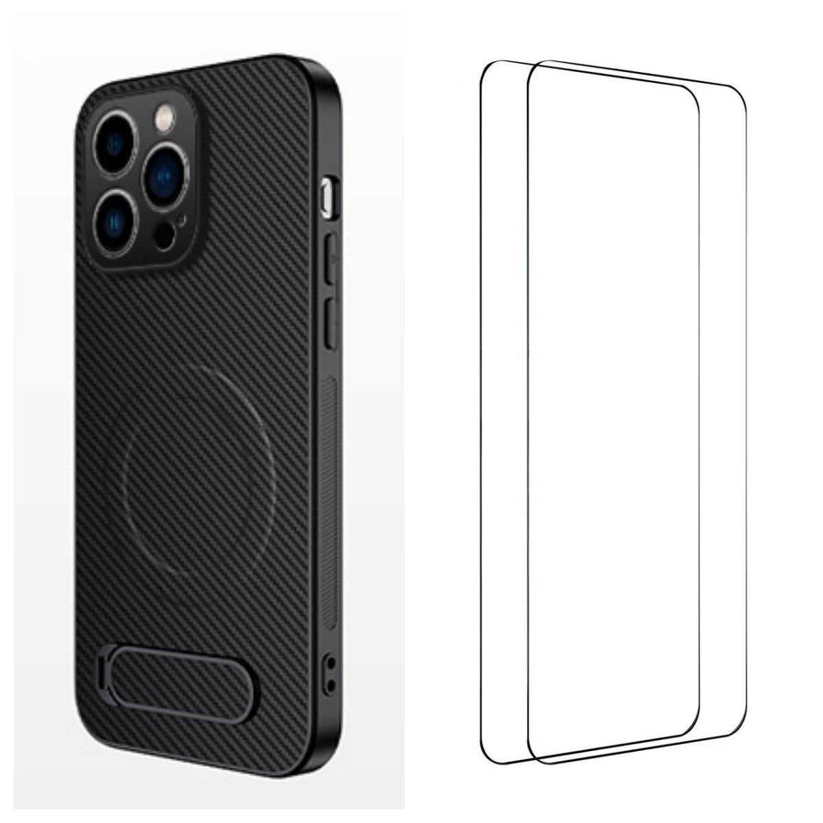 WANLONFENG For iPhone 16 Pro Magnetic Case with 2Pcs Tempered Glass Films  QT1 Series Kickstand Carbon Fiber Texture PC TPU Phone Cover