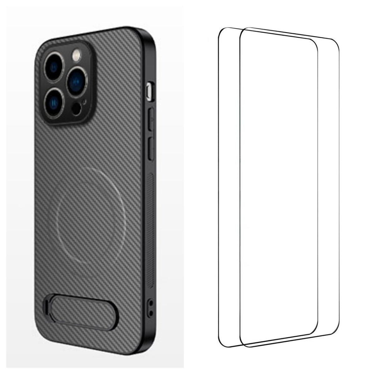 WANLONFENG For iPhone 16 Pro Magnetic Case with 2Pcs Tempered Glass Films  QT1 Series Kickstand Carbon Fiber Texture PC TPU Phone Cover