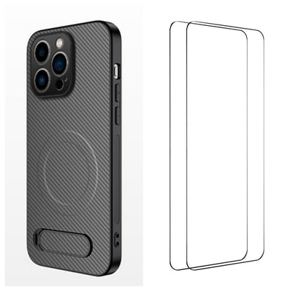 WANLONFENG For iPhone 16 Pro Magnetic Case with 2Pcs Tempered Glass Films  QT1 Series Kickstand Carbon Fiber Texture PC TPU Phone Cover
