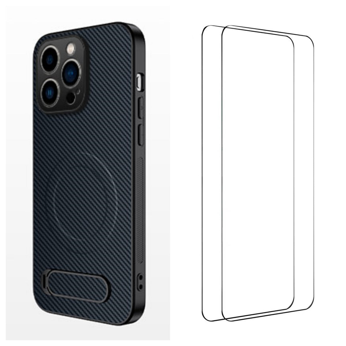 WANLONFENG For iPhone 16 Pro Magnetic Case with 2Pcs Tempered Glass Films  QT1 Series Kickstand Carbon Fiber Texture PC TPU Phone Cover