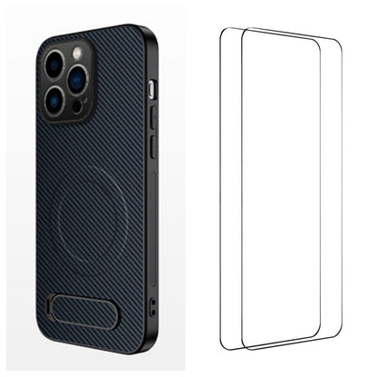 WANLONFENG For iPhone 16 Pro Magnetic Case with 2Pcs Tempered Glass Films  QT1 Series Kickstand Carbon Fiber Texture PC TPU Phone Cover