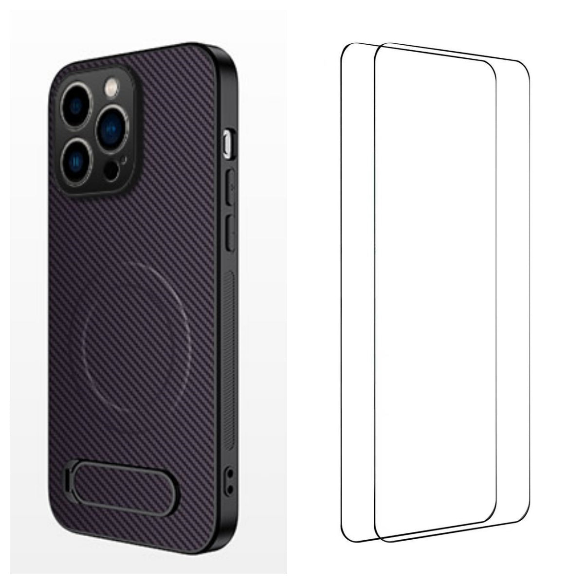 WANLONFENG For iPhone 16 Pro Magnetic Case with 2Pcs Tempered Glass Films  QT1 Series Kickstand Carbon Fiber Texture PC TPU Phone Cover