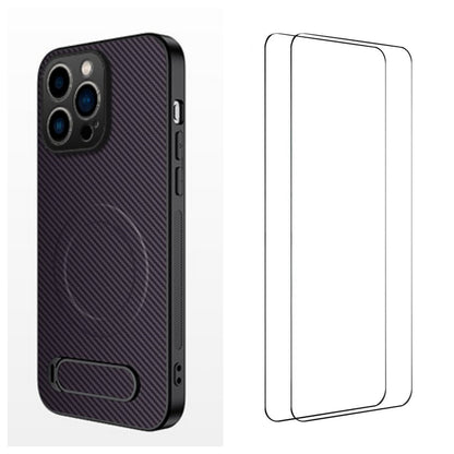 WANLONFENG For iPhone 16 Pro Magnetic Case with 2Pcs Tempered Glass Films  QT1 Series Kickstand Carbon Fiber Texture PC TPU Phone Cover