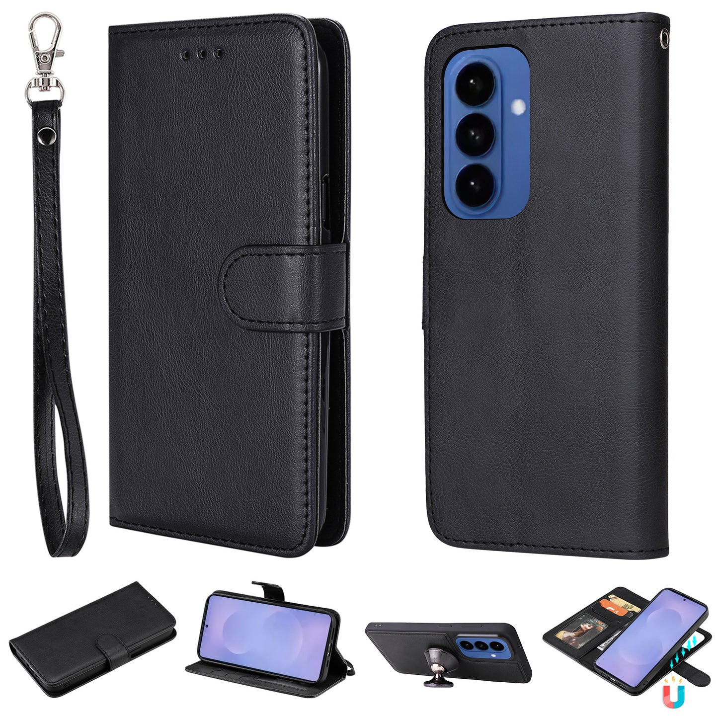 For Samsung Galaxy S26+ Case 2 in 1 Detachable Magnetic Leather Wallet Mobile Cover with Strap