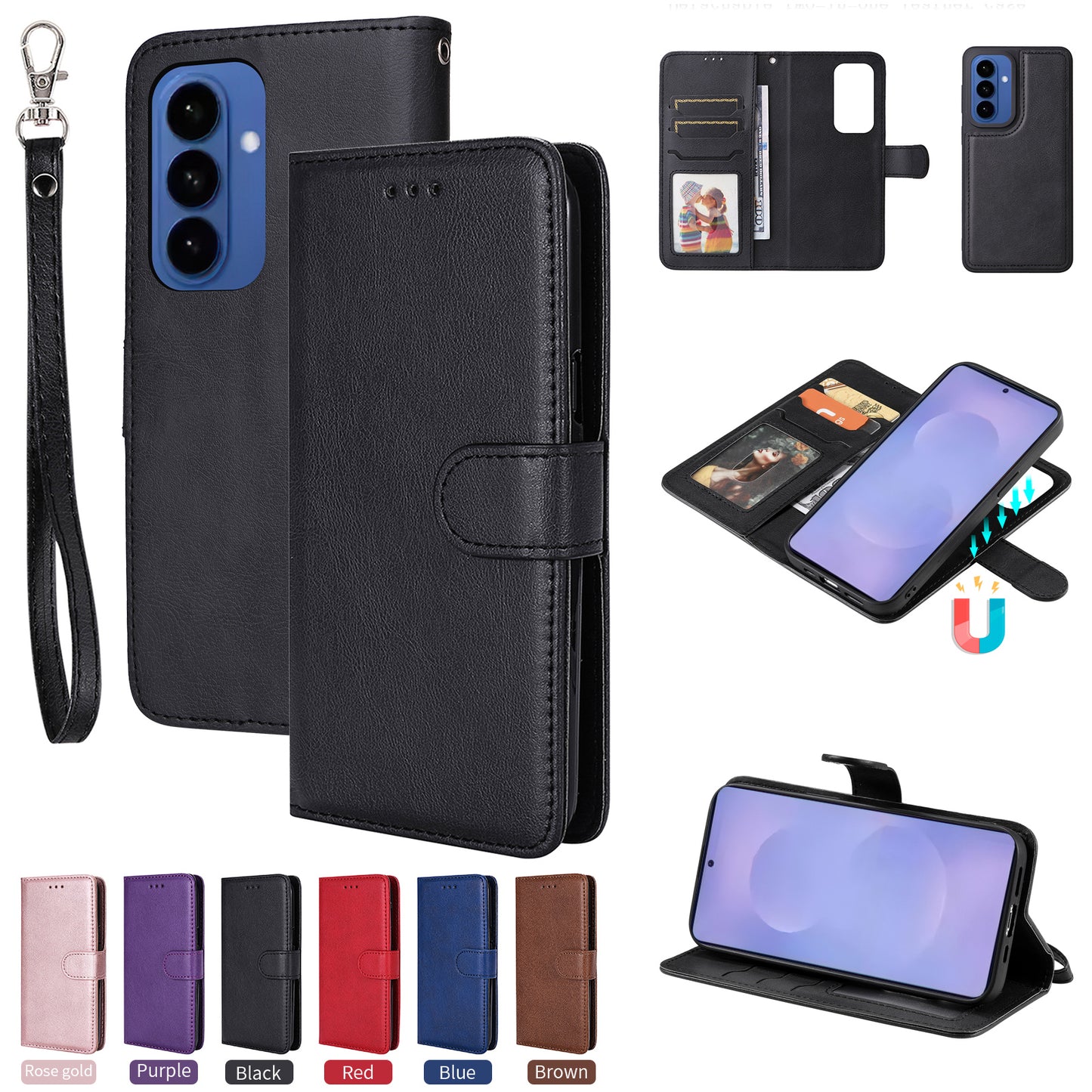 For Samsung Galaxy S26+ Case 2 in 1 Detachable Magnetic Leather Wallet Mobile Cover with Strap
