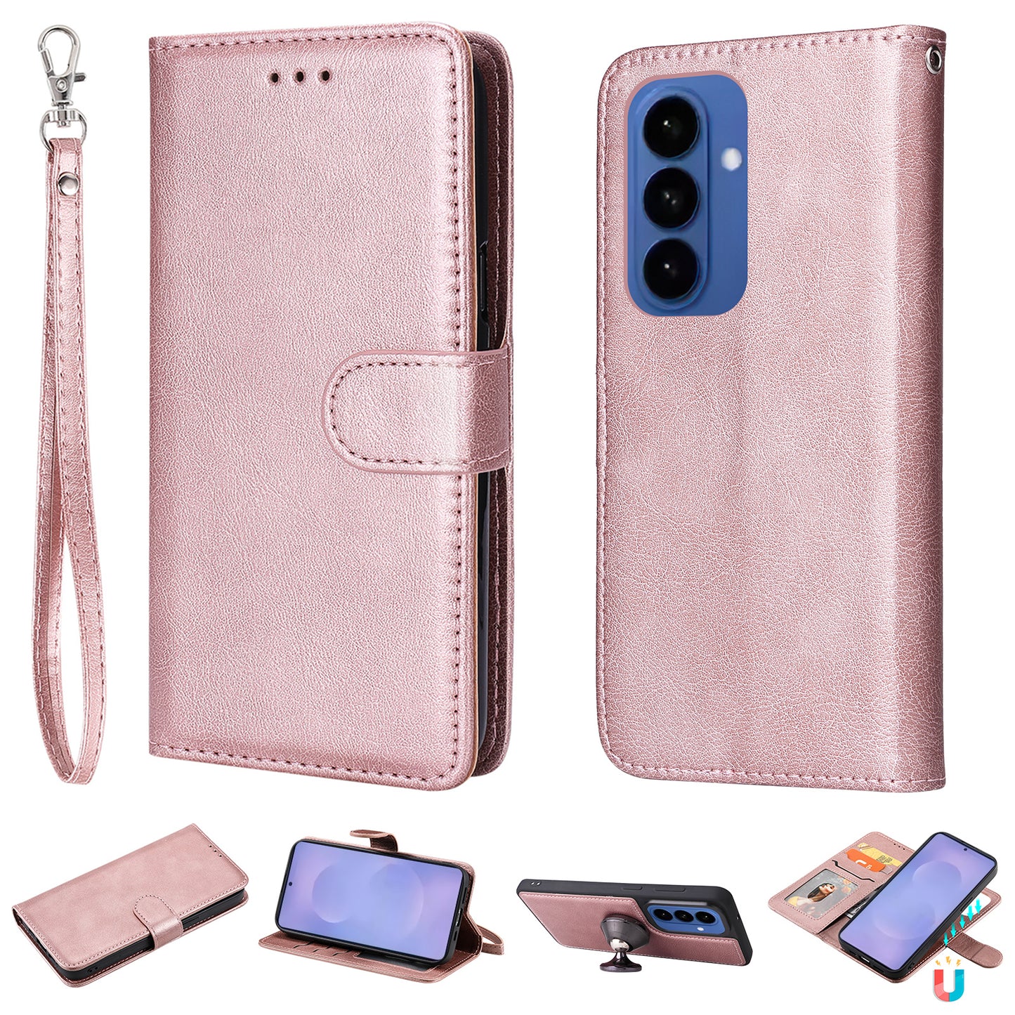 For Samsung Galaxy S26+ Case 2 in 1 Detachable Magnetic Leather Wallet Mobile Cover with Strap
