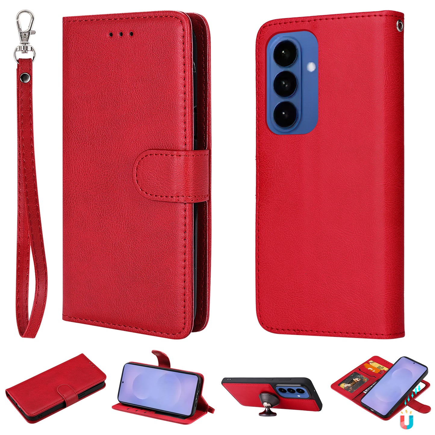 For Samsung Galaxy S26+ Case 2 in 1 Detachable Magnetic Leather Wallet Mobile Cover with Strap