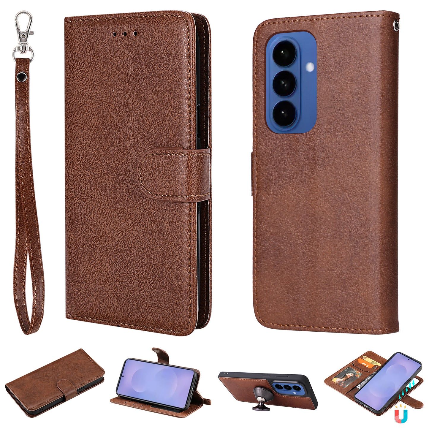 For Samsung Galaxy S26+ Case 2 in 1 Detachable Magnetic Leather Wallet Mobile Cover with Strap