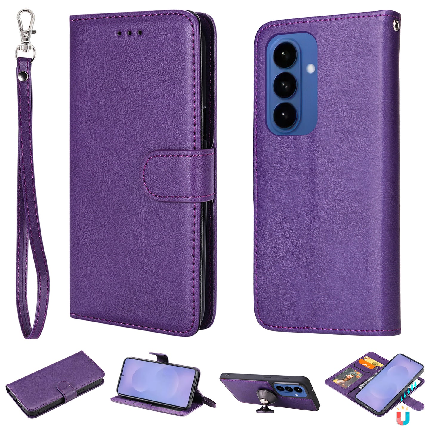 For Samsung Galaxy S26+ Case 2 in 1 Detachable Magnetic Leather Wallet Mobile Cover with Strap