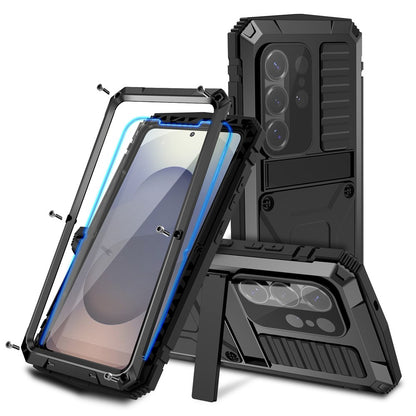 R-JUST For Samsung Galaxy S26 Ultra Case PC + Silicone + Metal Kickstand Phone Cover with Tempered Glass Film