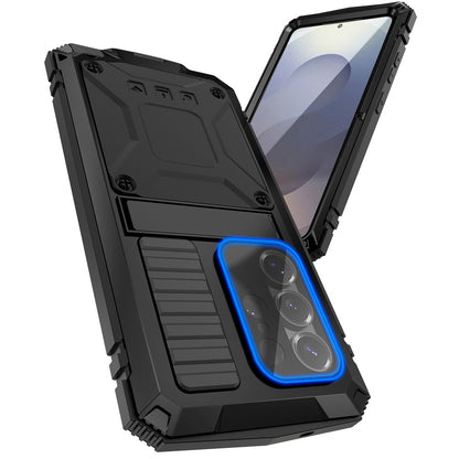 R-JUST For Samsung Galaxy S26 Ultra Case PC + Silicone + Metal Kickstand Phone Cover with Tempered Glass Film
