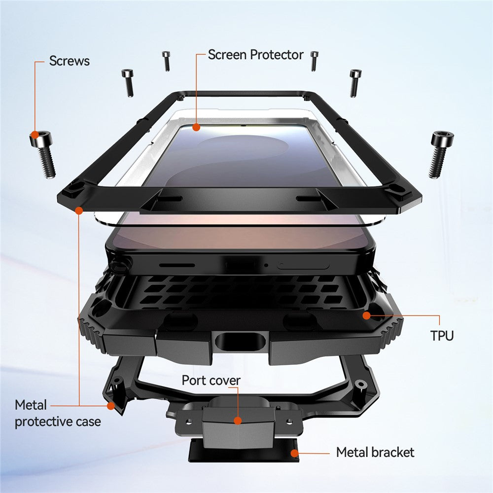 R-JUST For Samsung Galaxy S26 Ultra Case PC + Silicone + Metal Kickstand Phone Cover with Tempered Glass Film