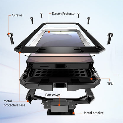 R-JUST For Samsung Galaxy S26 Ultra Case PC + Silicone + Metal Kickstand Phone Cover with Tempered Glass Film