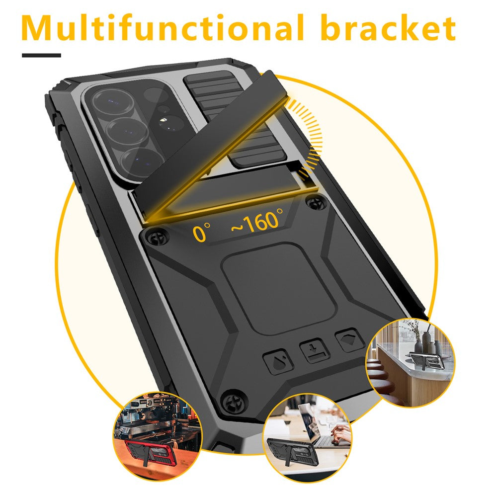 R-JUST For Samsung Galaxy S26 Ultra Case PC + Silicone + Metal Kickstand Phone Cover with Tempered Glass Film