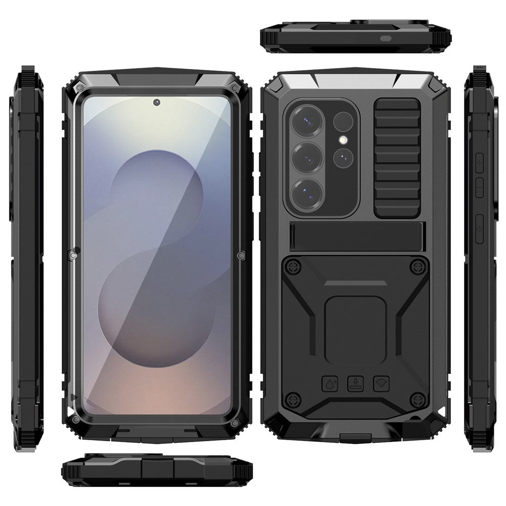 R-JUST For Samsung Galaxy S26 Ultra Case PC + Silicone + Metal Kickstand Phone Cover with Tempered Glass Film