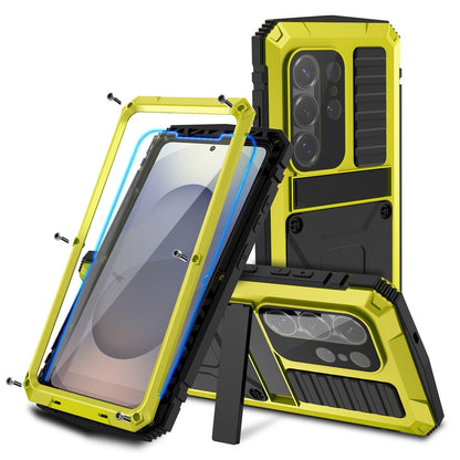 R-JUST For Samsung Galaxy S26 Ultra Case PC + Silicone + Metal Kickstand Phone Cover with Tempered Glass Film
