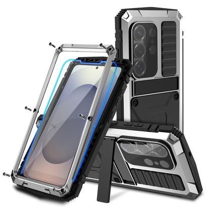 R-JUST For Samsung Galaxy S26 Ultra Case PC + Silicone + Metal Kickstand Phone Cover with Tempered Glass Film
