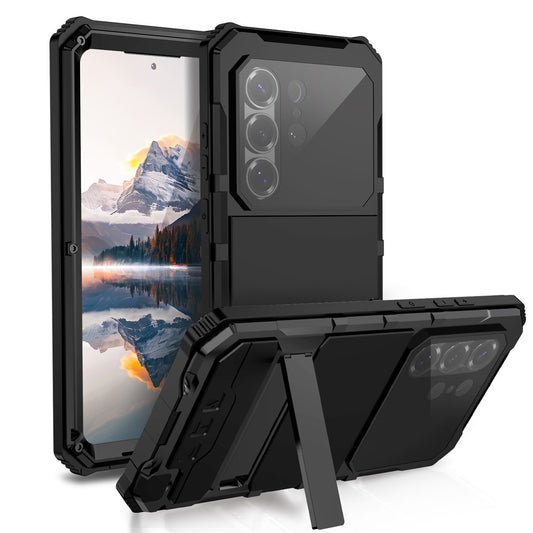 R-JUST For Samsung Galaxy S26 Ultra Case PC + Silicone + Metal Kickstand Phone Cover with Tempered Glass Film