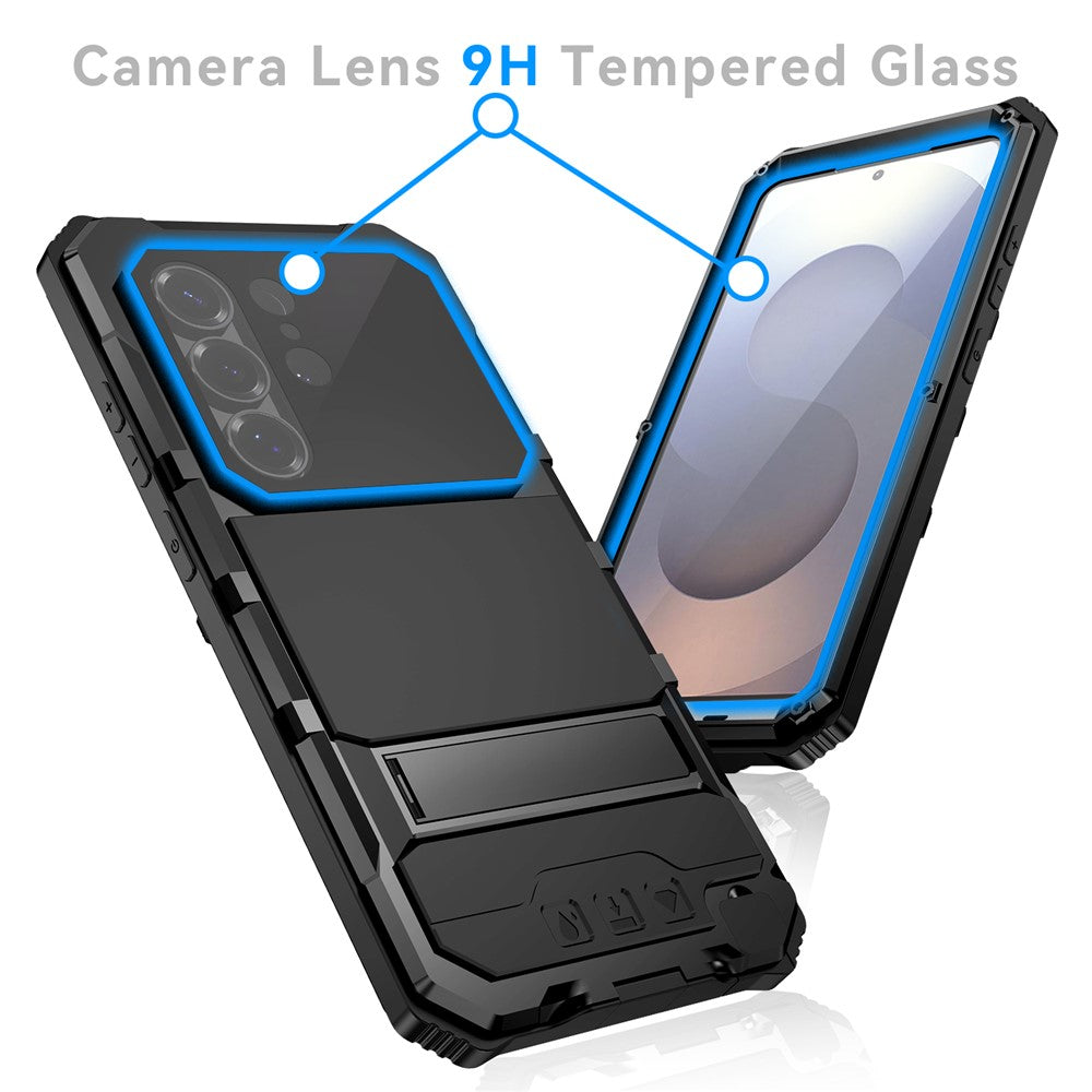 R-JUST For Samsung Galaxy S26 Ultra Case PC + Silicone + Metal Kickstand Phone Cover with Tempered Glass Film