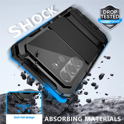 R-JUST For Samsung Galaxy S26 Ultra Case PC + Silicone + Metal Kickstand Phone Cover with Tempered Glass Film