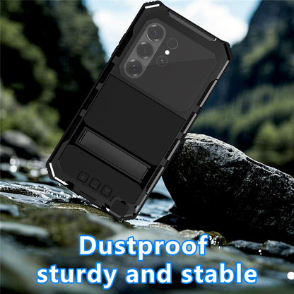 R-JUST For Samsung Galaxy S26 Ultra Case PC + Silicone + Metal Kickstand Phone Cover with Tempered Glass Film
