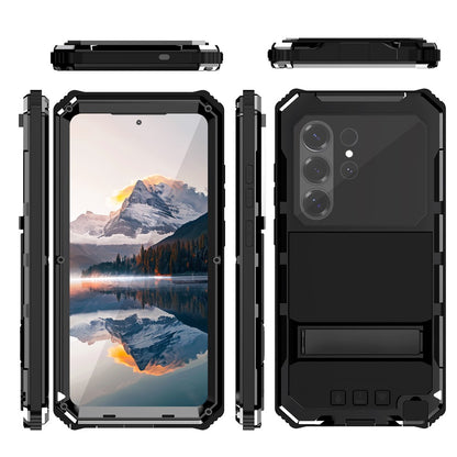 R-JUST For Samsung Galaxy S26 Ultra Case PC + Silicone + Metal Kickstand Phone Cover with Tempered Glass Film