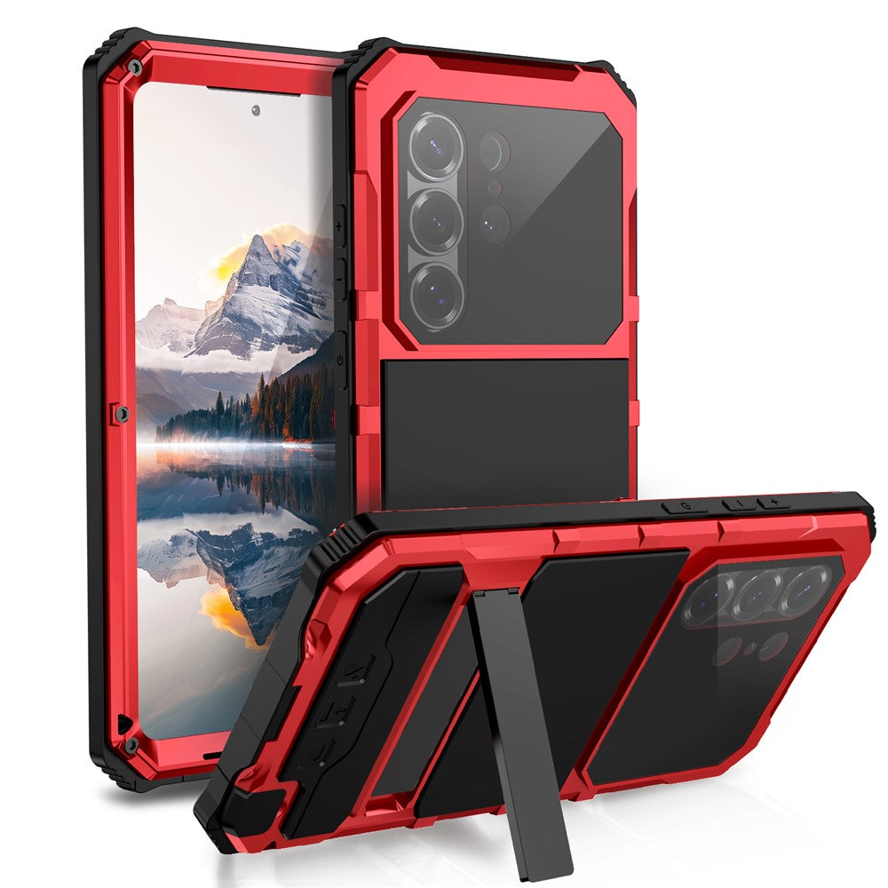 R-JUST For Samsung Galaxy S26 Ultra Case PC + Silicone + Metal Kickstand Phone Cover with Tempered Glass Film