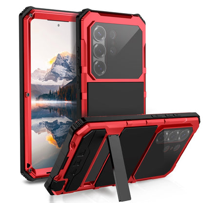 R-JUST For Samsung Galaxy S26 Ultra Case PC + Silicone + Metal Kickstand Phone Cover with Tempered Glass Film