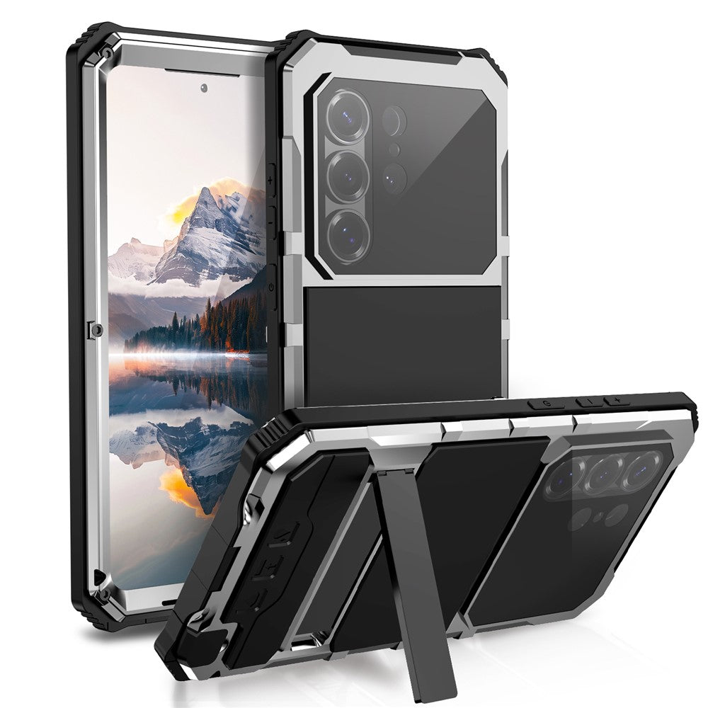 R-JUST For Samsung Galaxy S26 Ultra Case PC + Silicone + Metal Kickstand Phone Cover with Tempered Glass Film