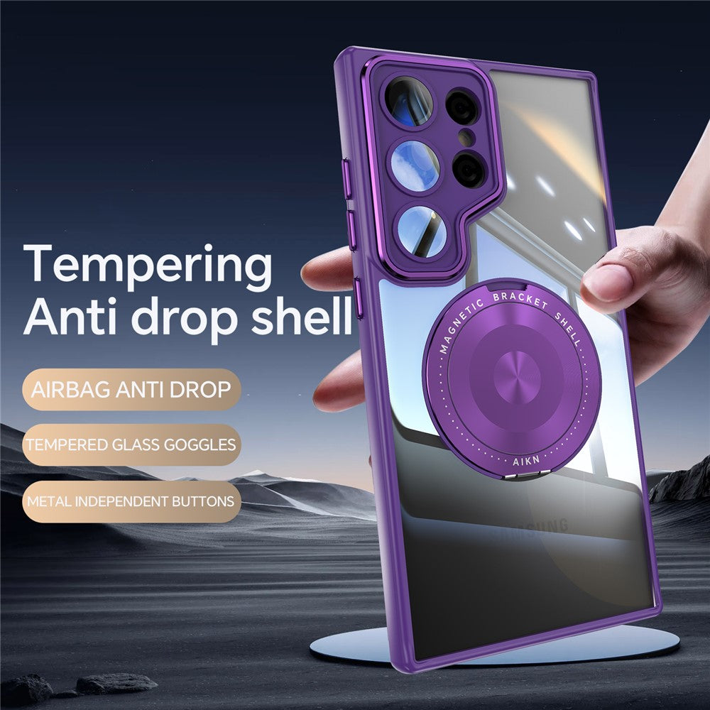 For Samsung Galaxy S26 Ultra Magnetic Case PC + TPU Phone Cover with Rotating Metal Kickstand, Lens Protector