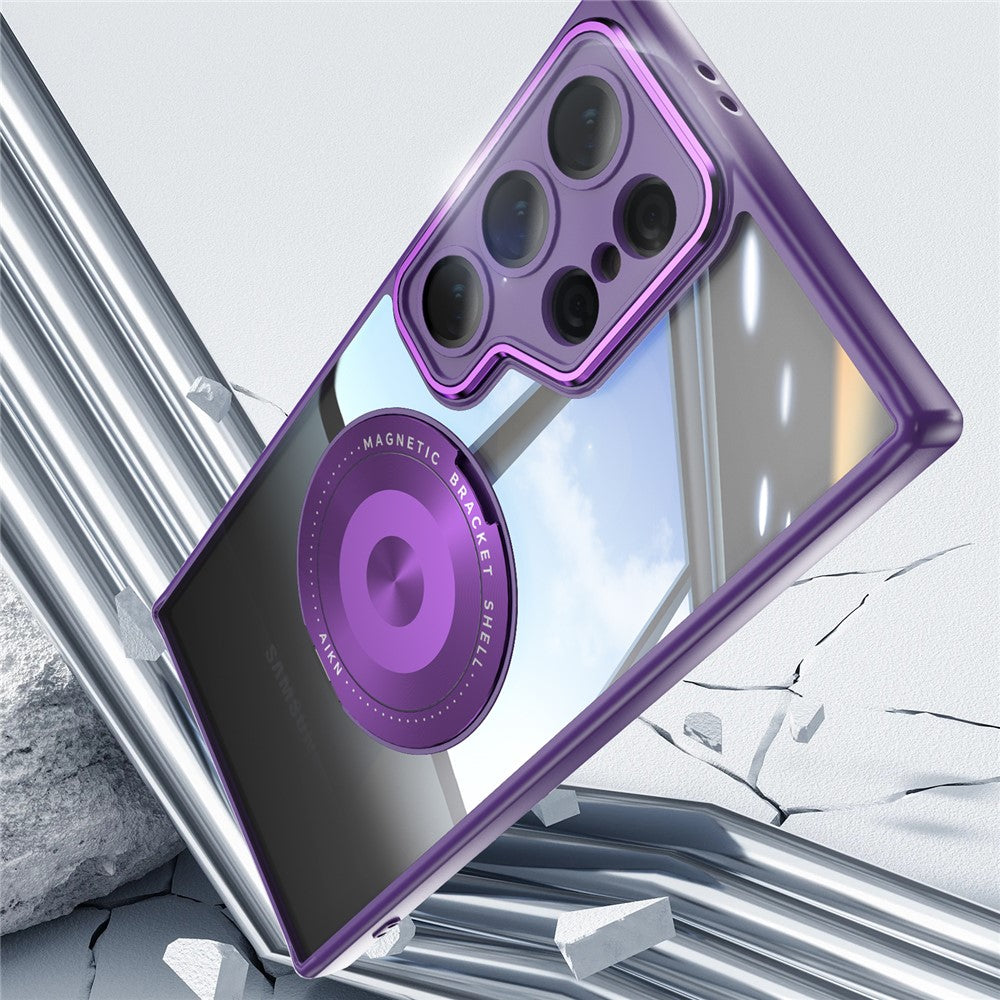 For Samsung Galaxy S26 Ultra Magnetic Case PC + TPU Phone Cover with Rotating Metal Kickstand, Lens Protector