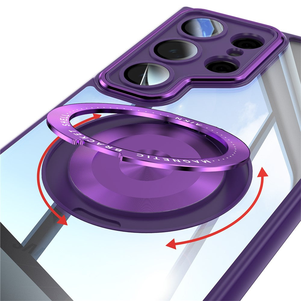 For Samsung Galaxy S26 Ultra Magnetic Case PC + TPU Phone Cover with Rotating Metal Kickstand, Lens Protector