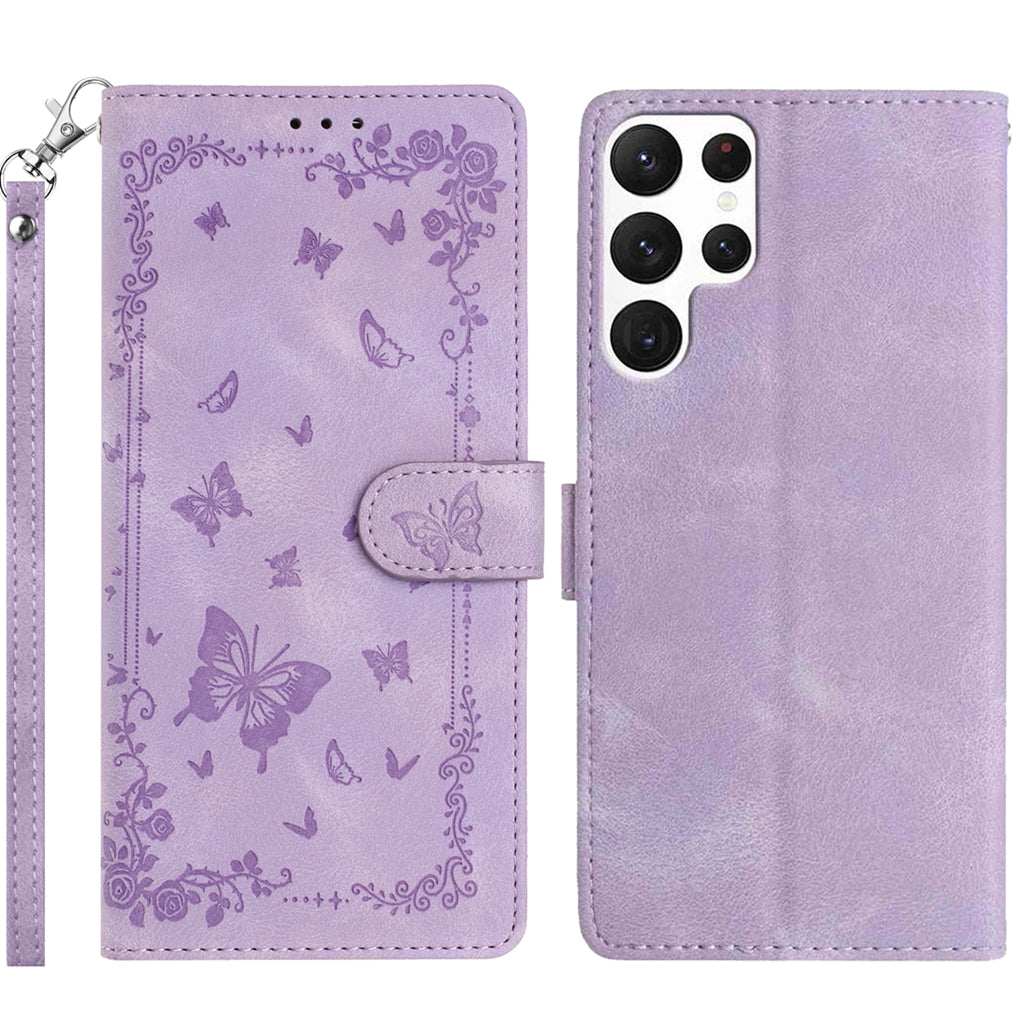 For Samsung Galaxy S25 Ultra Case Garden Imprinted PU Leather Wallet Phone Cover with Wrist Strap