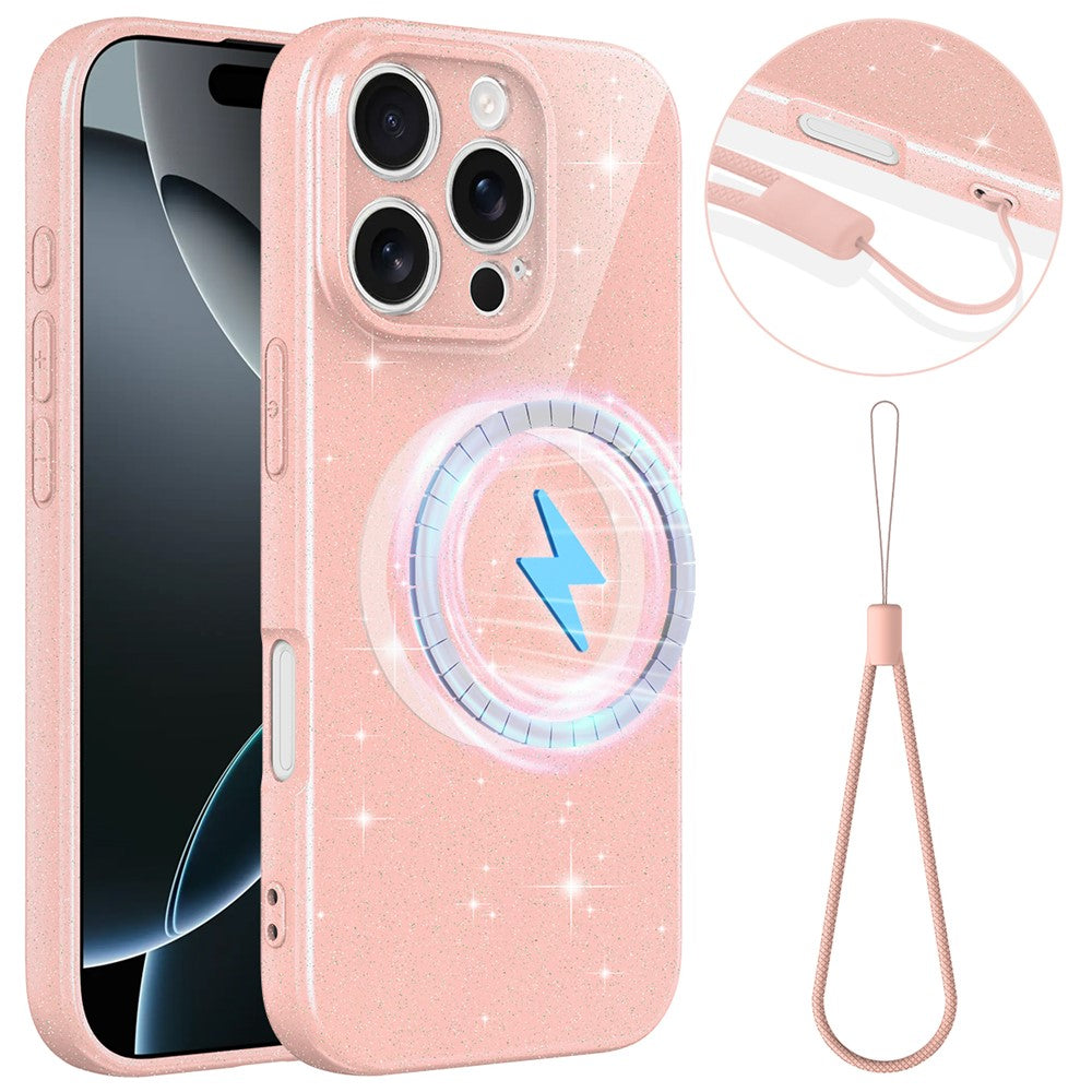 For iPhone 16 Pro Max Magnetic Case Glitter TPU Shockproof Phone Cover with Lanyard Compatible with MagSafe