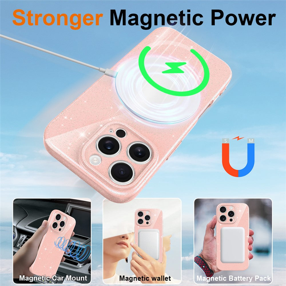 For iPhone 16 Pro Max Magnetic Case Glitter TPU Shockproof Phone Cover with Lanyard Compatible with MagSafe
