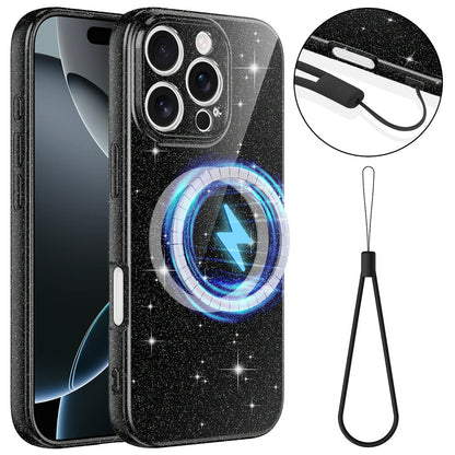 For iPhone 16 Pro Max Magnetic Case Glitter TPU Shockproof Phone Cover with Lanyard Compatible with MagSafe