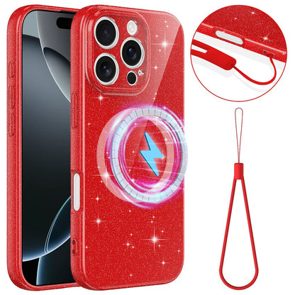 For iPhone 16 Pro Max Magnetic Case Glitter TPU Shockproof Phone Cover with Lanyard Compatible with MagSafe