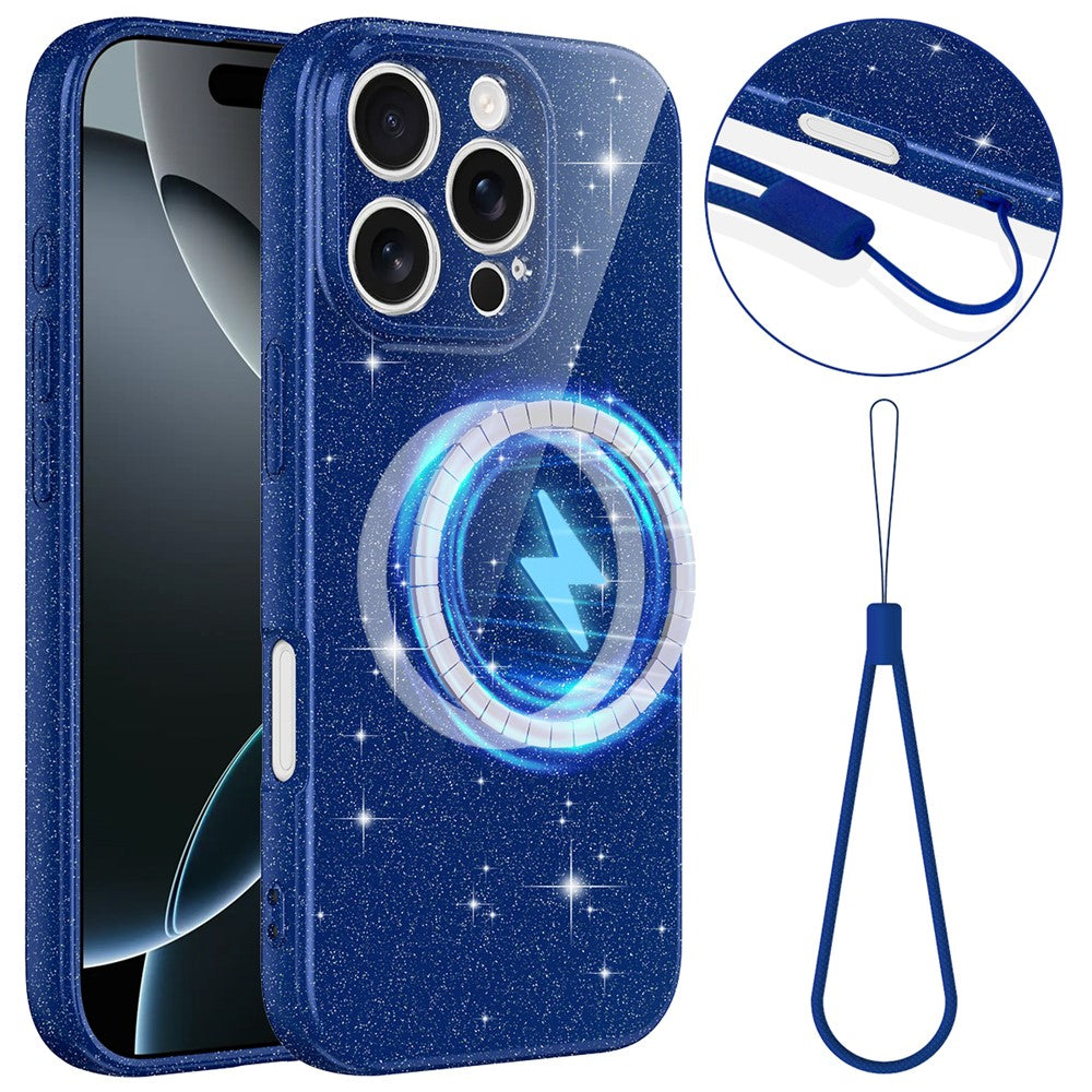 For iPhone 16 Pro Max Magnetic Case Glitter TPU Shockproof Phone Cover with Lanyard Compatible with MagSafe