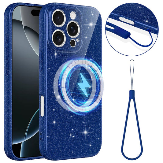 For iPhone 16 Pro Max Magnetic Case Glitter TPU Shockproof Phone Cover with Lanyard Compatible with MagSafe